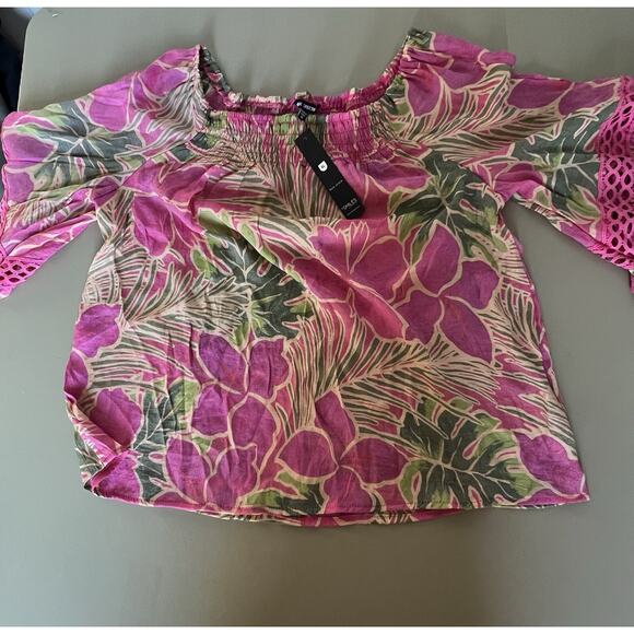 Unique Spectrum Off The Shoulder 3/4 Length Flare Sleeve Pink Flowers Women XL - Picture 1 of 9